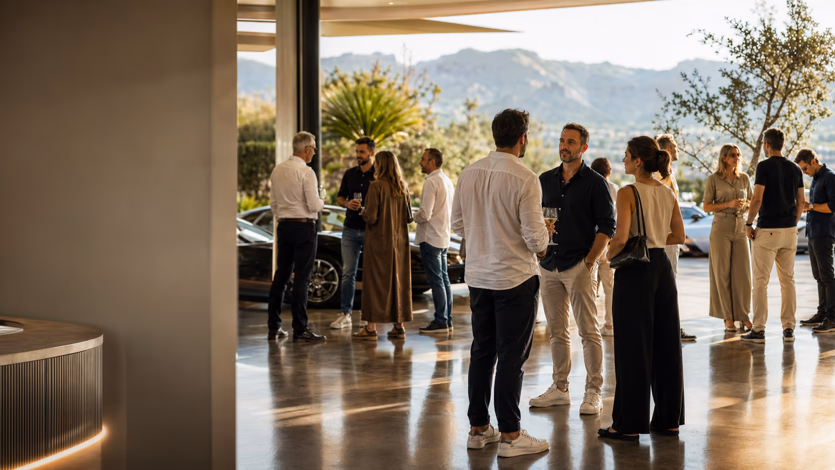 Unternehmerinnen und Unternehmer beim lockeren Networking in einer modernen Mallorca-Location